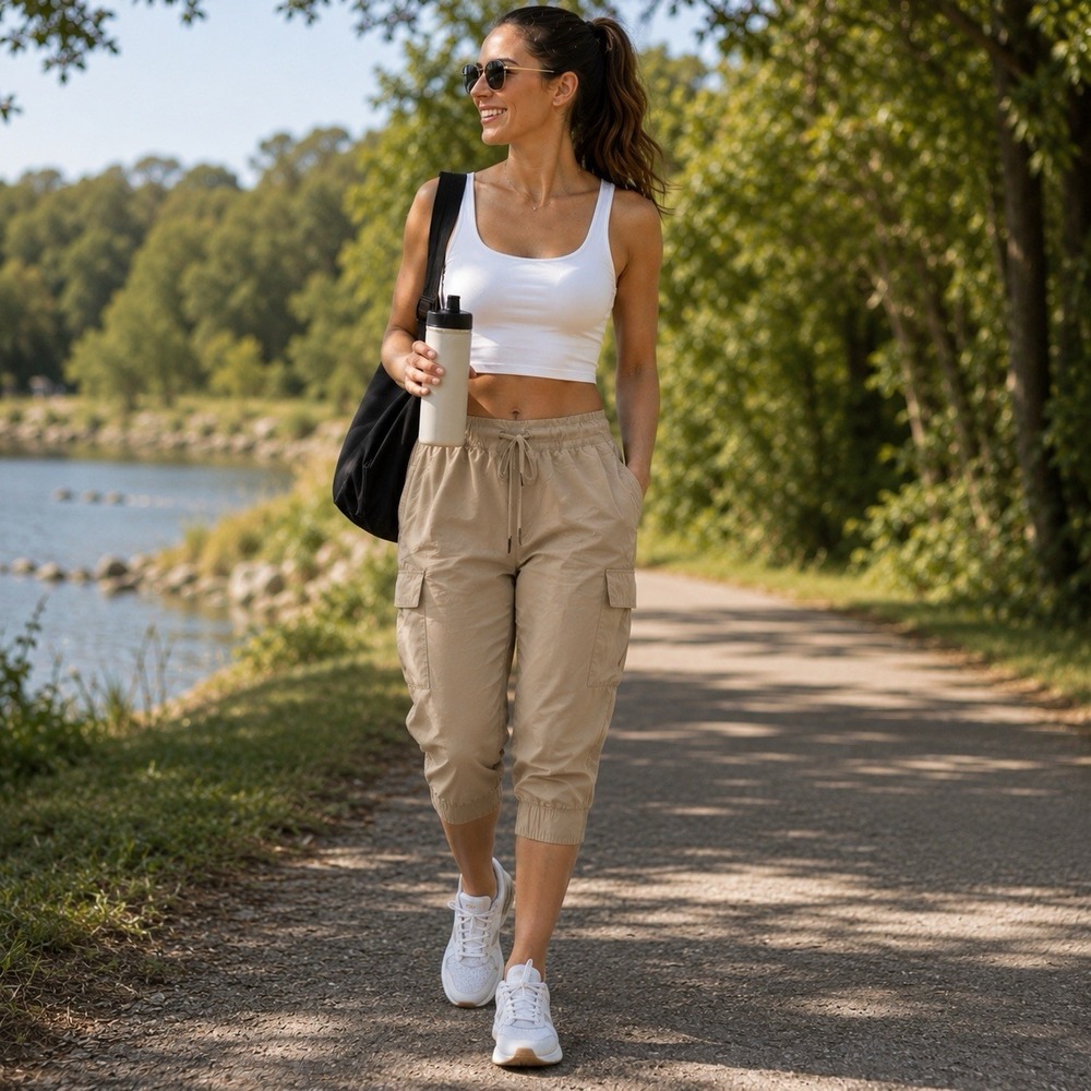 Willit Cargo Nylon Pants Crop Tan Women Large UPF 50 Pockets Hiking Outdoors